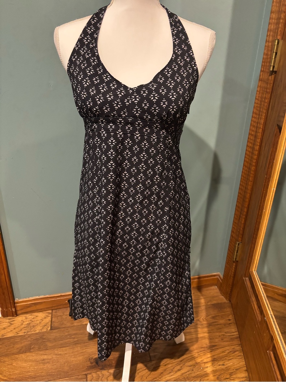 Athleta Black Halter Dress with White Print with pockets size 4